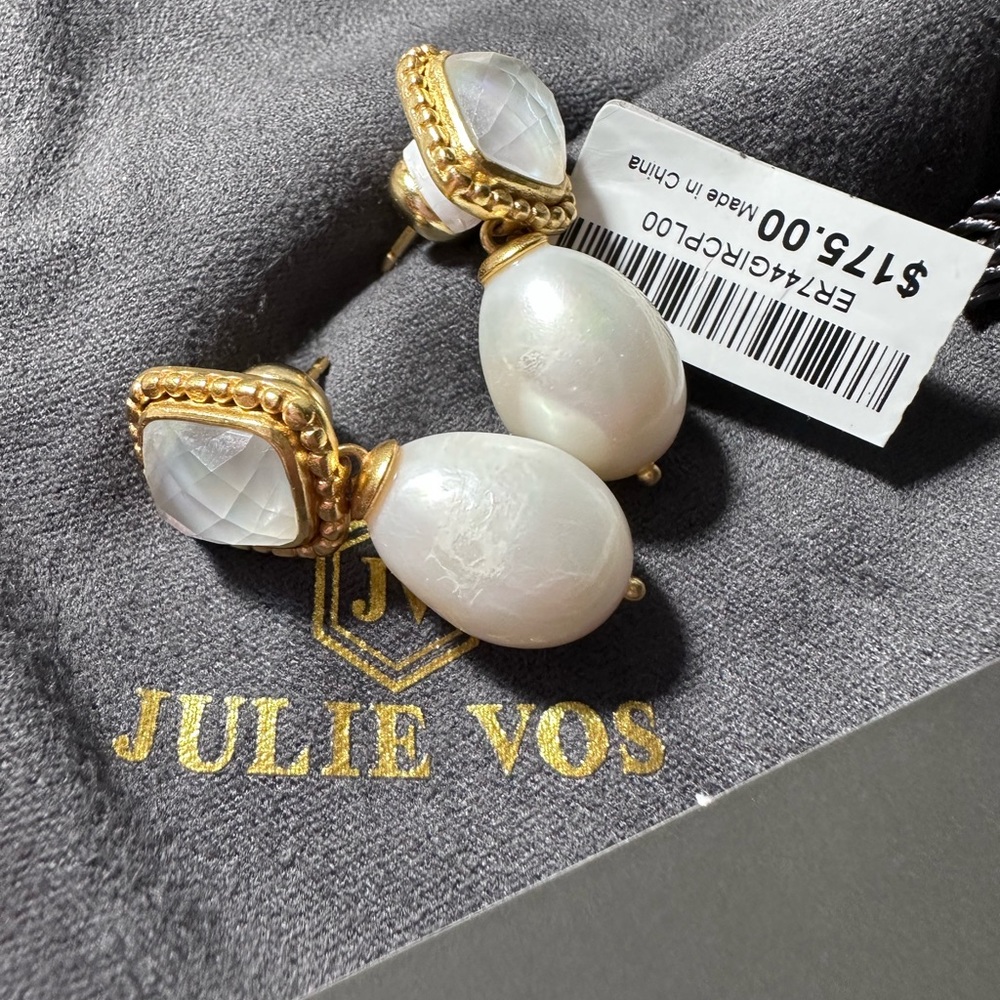 JULIE VOS MARBELLA EARRINGS IRRADECENT CLEAR CRYSTAL and PEARL NWT